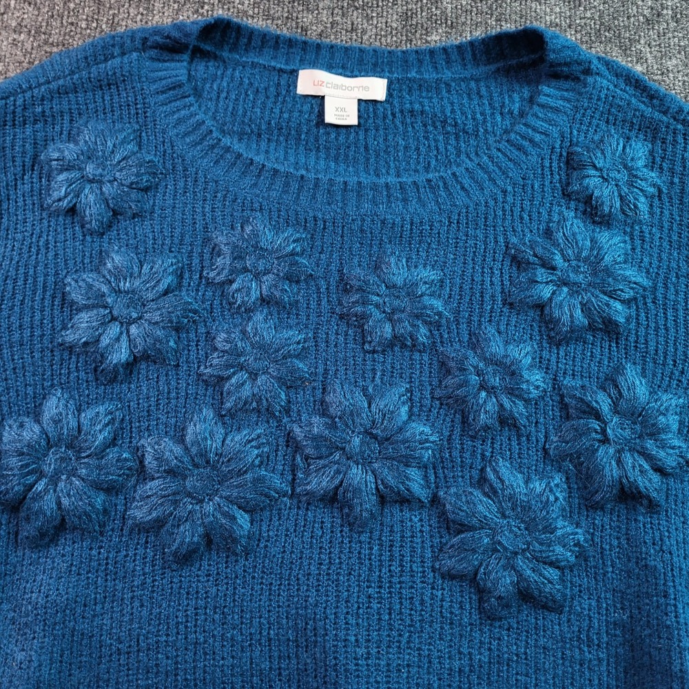 Liz Claiborne Womens XXL Blue Floral Embellished Crew Neck Pullover Sweater